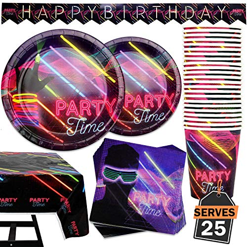 102 Piece Glow In The Dark Theme Party Supplies Set Including Banner, Plates, Cups, Napkins, and Tablecloth, Serves 25, (Does NOT actually glow in the dark) - Thumbnail 6