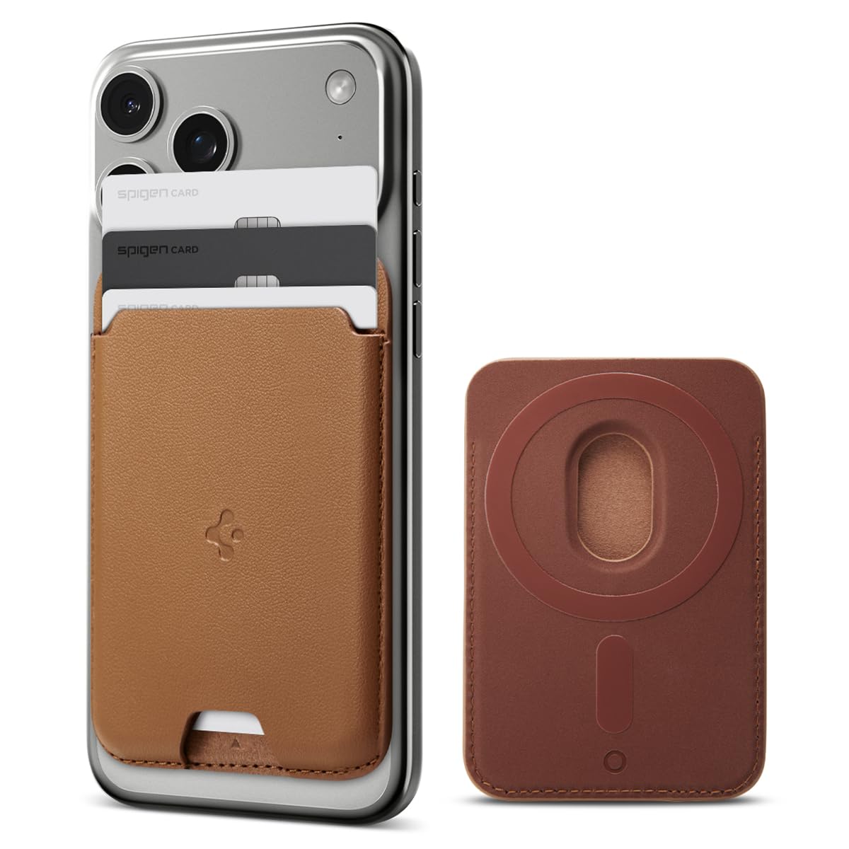 Spigen Valentinus MagFit Magnetic MagSafe Wallet Card Holder 3-Cards Compatible with iPhone 17/16/15/14/13/12 Series and PixelSnap Cases for Pixel 10 Series - Brown