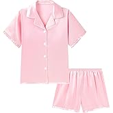 DIPUG Girls Pajamas Set Satin Short Sleeve Pjs with Ruffle Trim Soft Silky Sleepwear for Ages