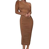 Cigrimi Women's Long Sleeve Mesh Dress - Bodycon Off Shoulder Mesh Ruched Cocktail Club Maxi Dresses