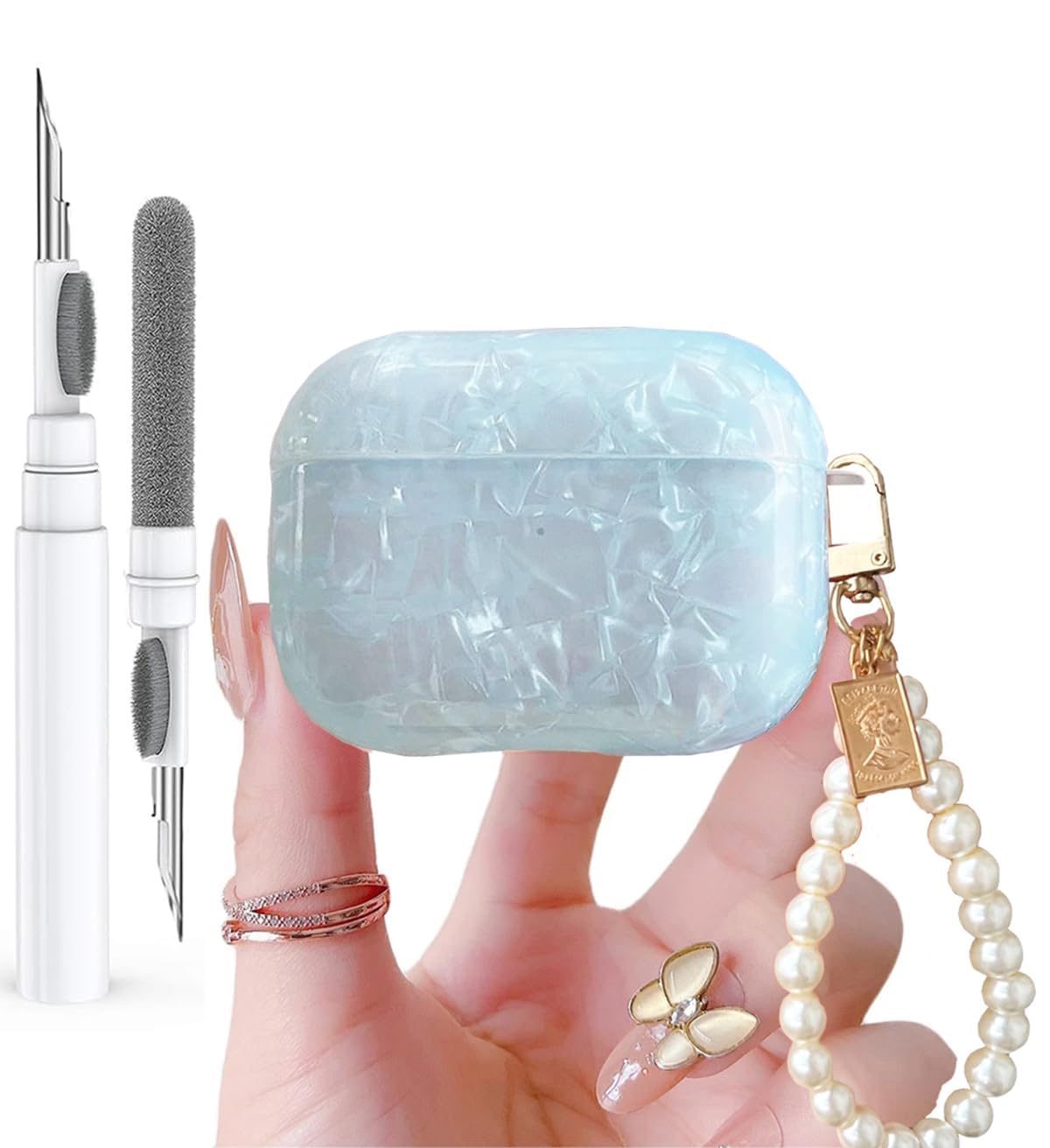 Photo 1 of Olytop for Cute Glitter Airpods Pro/Pro 2 Gen Case with Cleaner Pen, Shell Pattern iPod Pro 2nd/1st Generation Cover Protective Skin Girl Women with Luxury Pearl Keychain 2023/2022/2019 - Blue