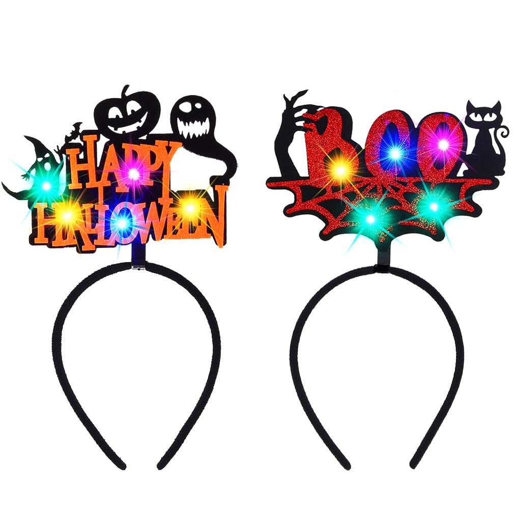 Zoestar LED Halloween Headbands Light up Glowing Headband Pumpkin Black Cat Hair Hoops Spider Web Ghost Party Costume Hair Accessories for Women,2 Pcs (Style 2)