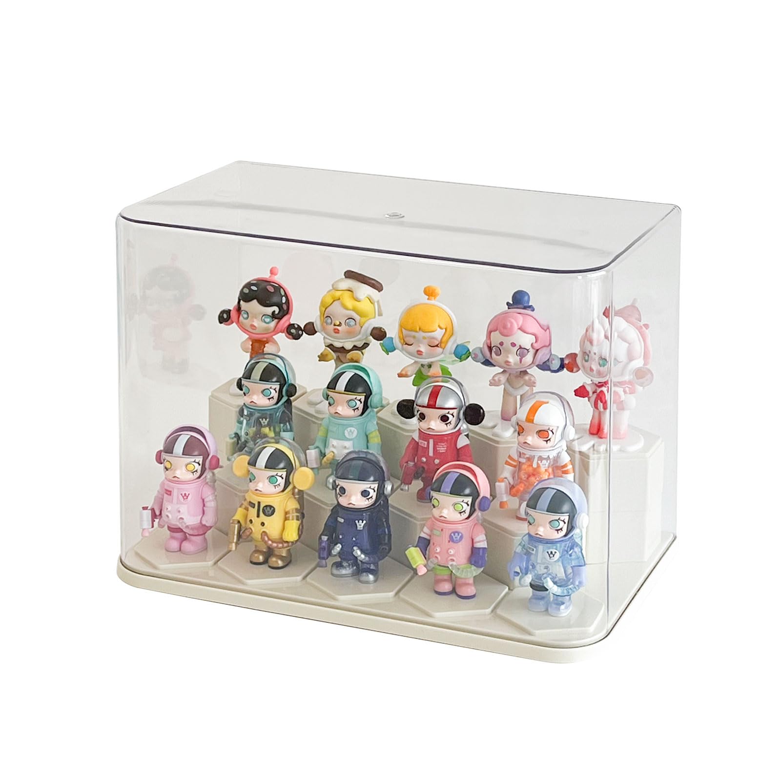 Photo 1 of Yesesion Clear Display Cases for Figures Under 8 inches Tall, Large Plastic Collectibles Showcase with 14pcs Cube, Stackable Storage Box with Lid for Model Car, Doll, Toy, Souvenir, Perfume Stand