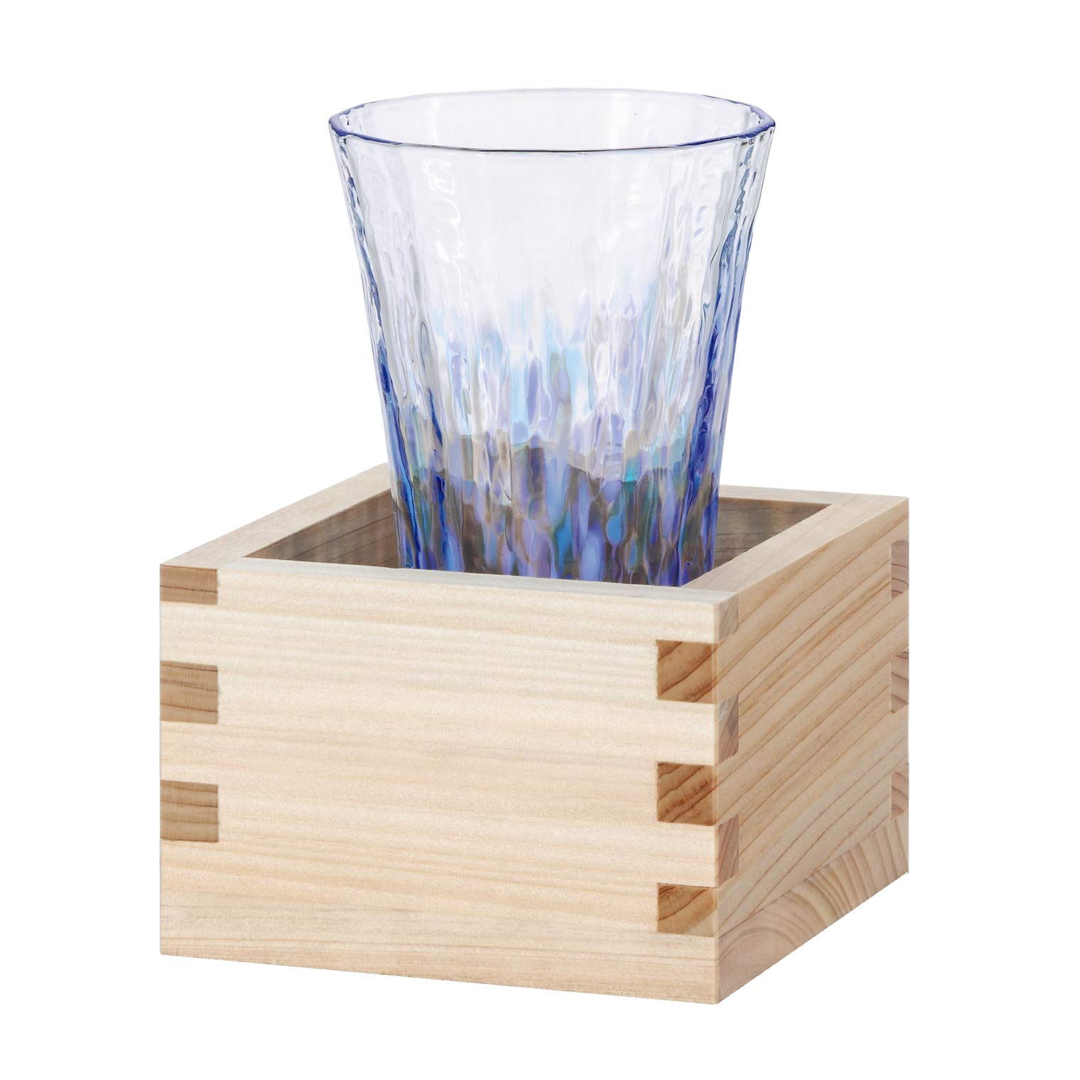 ADERIA Japanese Rice Wine Set Cold Sake Cup 3.2oz 95ml with Masu Wooden Box Handmade Katakuri Dogtooth Violet Blue Made in Japan Tsugaru Vidro Glass Spilled Sake Cup Gift Box