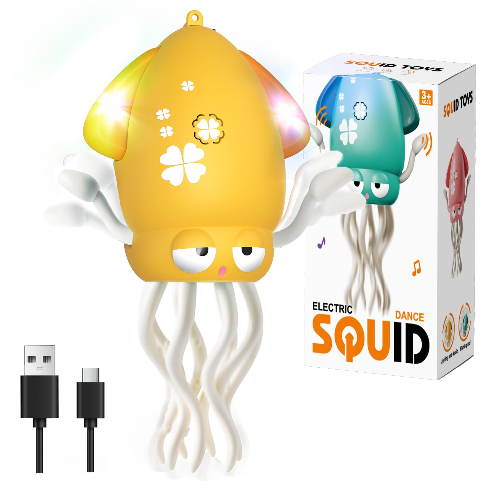Babuloo Dancing Octopus Toy, Electric Octopus Crawling Toy for Kids with Music/Lights/Rechargeable Battery, Light up Magic Moving Squid Toys for Baby Boy Girl 3 4 5 6+ Year Old Birthday Gifts, Yellow