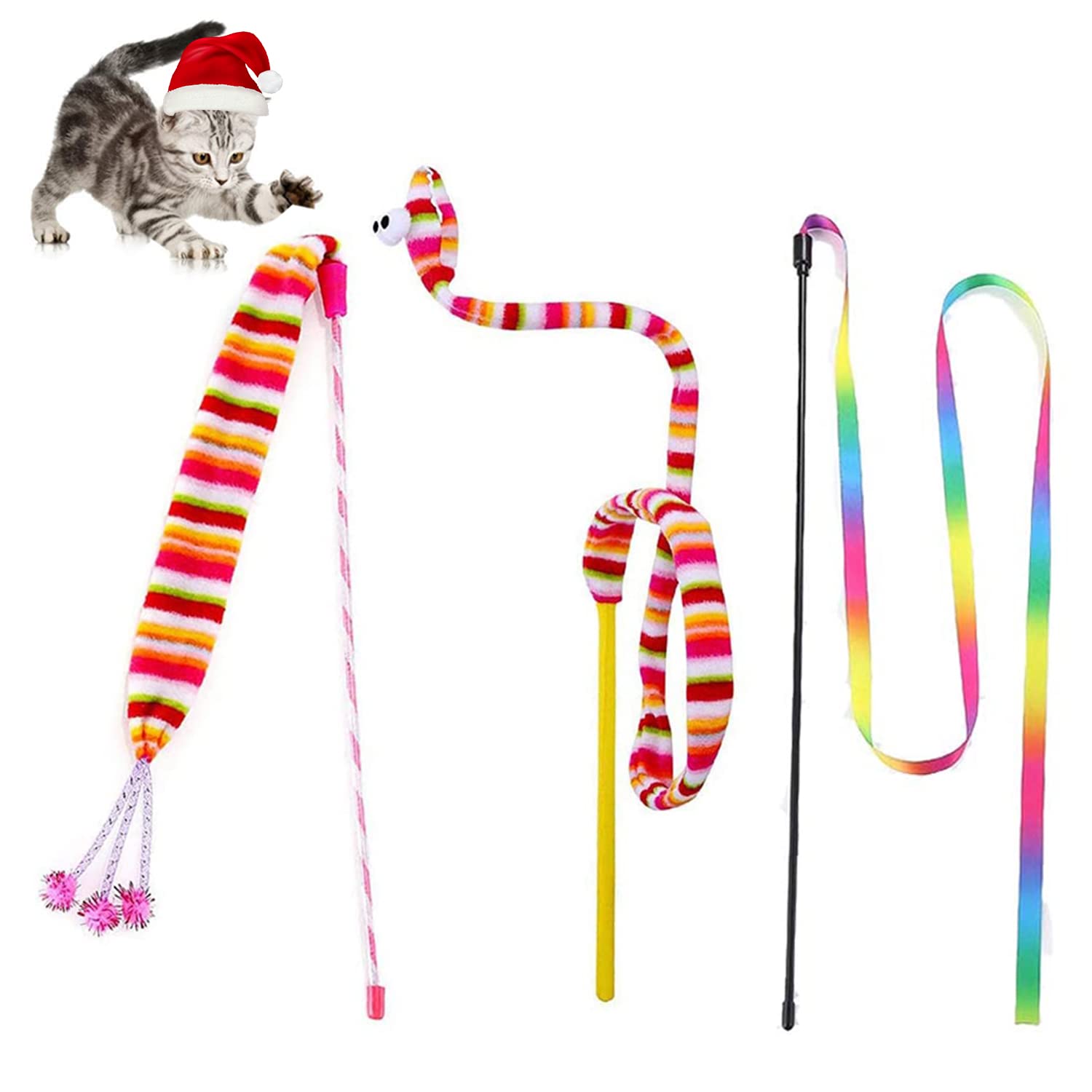 NEKOSUKI Cat Wand and Toys, 3 Styles Rainbow Interactive Kittens Training Wand with Bell, Cuddly Stuffed Snake