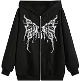 SHENHE Women's Y2k Zip Up Hoodie Butterfly Print Graphic Goth Punk Sweatshirt Jacket with Pockets