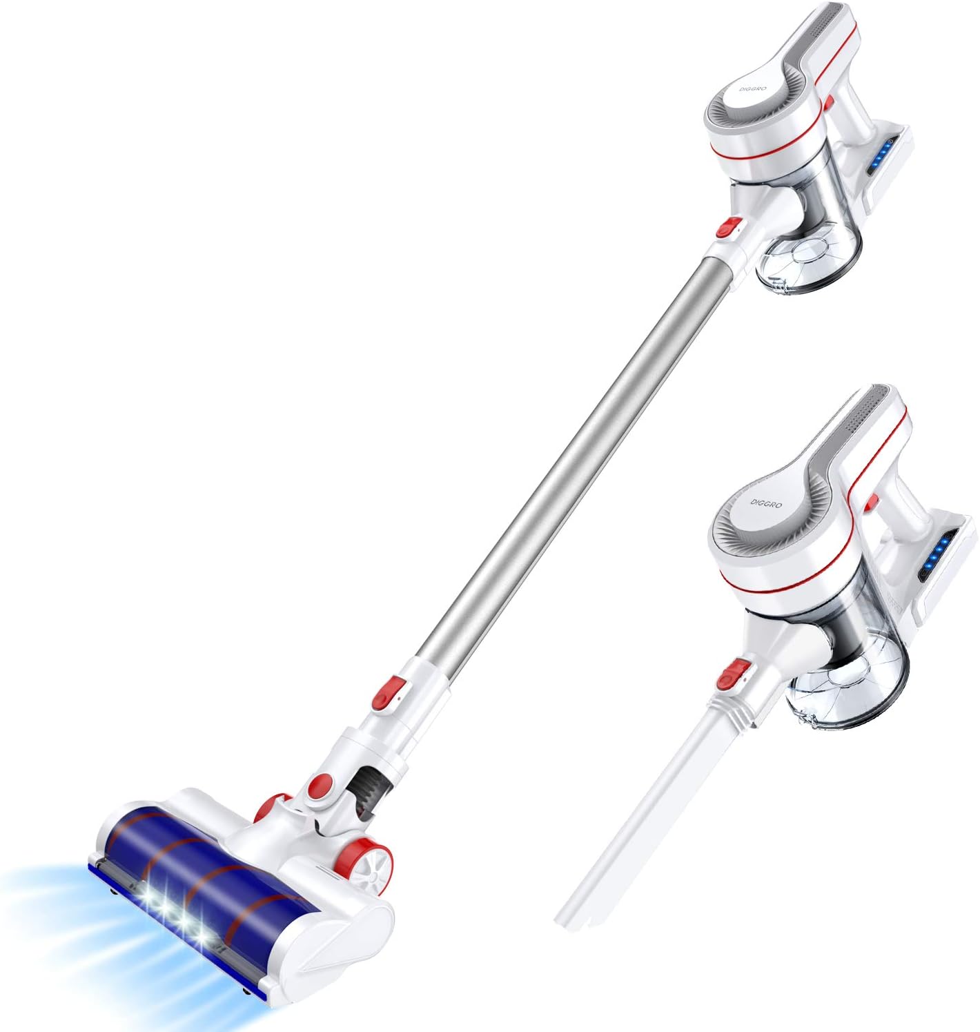 Cordless Vacuum, DIGGRO Stick Vacuum Cleaner, 18Kpa Powerful Suction Lightweight Rechargeable Handhold Vacuum with LED Headlights & Wall Mount for Carpet Hardwood Floor Pet Hair