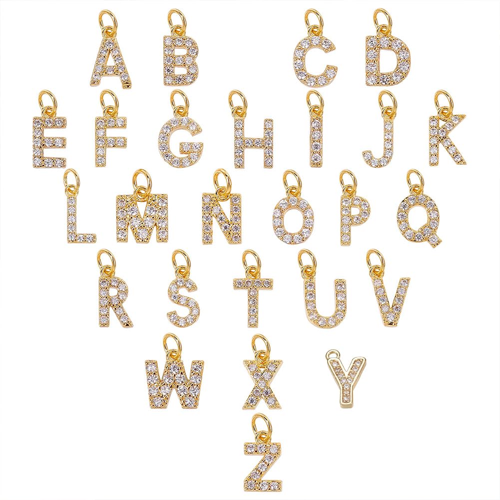 NBEADS 26 Pcs Metal Letter Charms, Brass Micro Pave Letter A-Z Alphabet Cubic Zirconia Charms Small Pendants for Jewelry Making