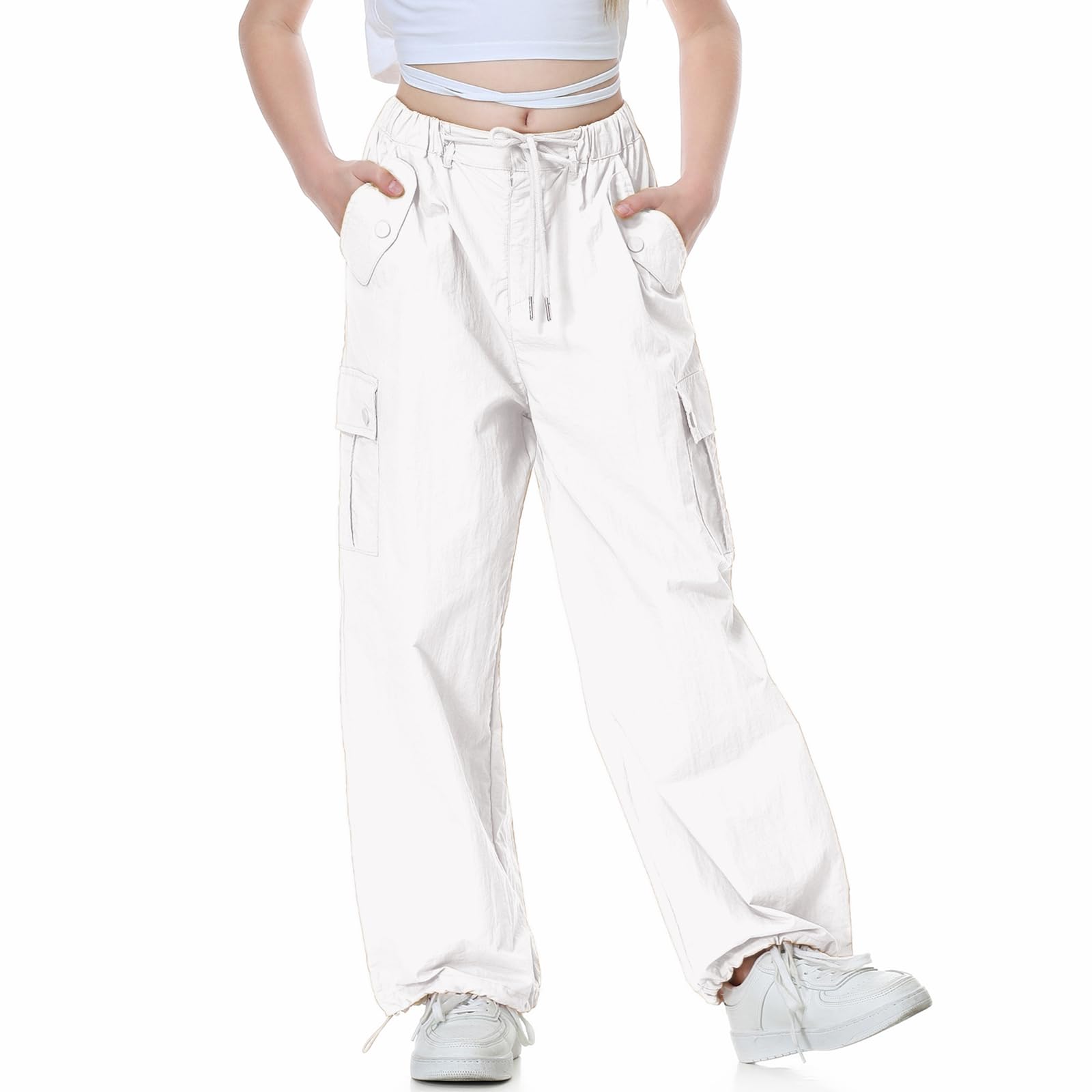 Photo 1 of Rolanko Girls Parachute Pants, Cargo Pants for Girls Y2K Loose Jogger Cargo Trousers with Pockets (White, 12-14)