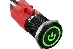 APIELE 16mm Latching Push Button Switch 0.63" 12V Power Symbol Ring Led Car Metal with Socket Plug 1NO1NC SPDT ON/Off (Green/Black Shell)