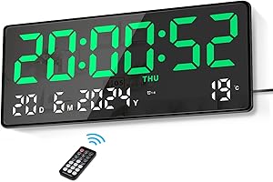 Lafocuse Large Digital Wall Clock 15.5 Inch LED Display, Green Digital Clock Powered by Cord with Remote Control, 2 Alarms, D
