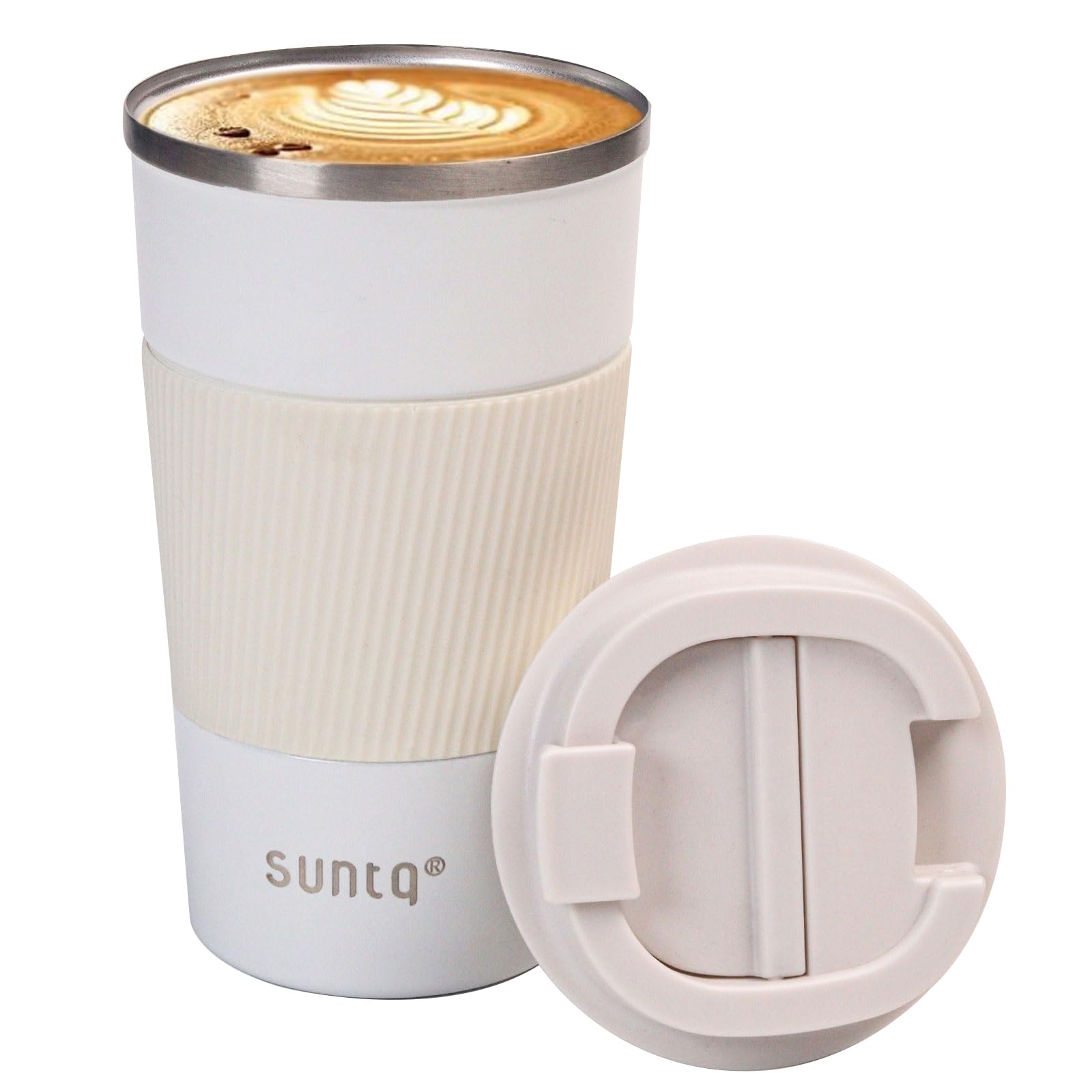 SUNTQ Reusable Coffee Cups Travel 510ml Coffee Travel Mug with Leakproof Lid - Thermal Mug Insulated Cup - Stainless Steel Travel Cup with Rubber Grip for Hot and Cold Drinks White