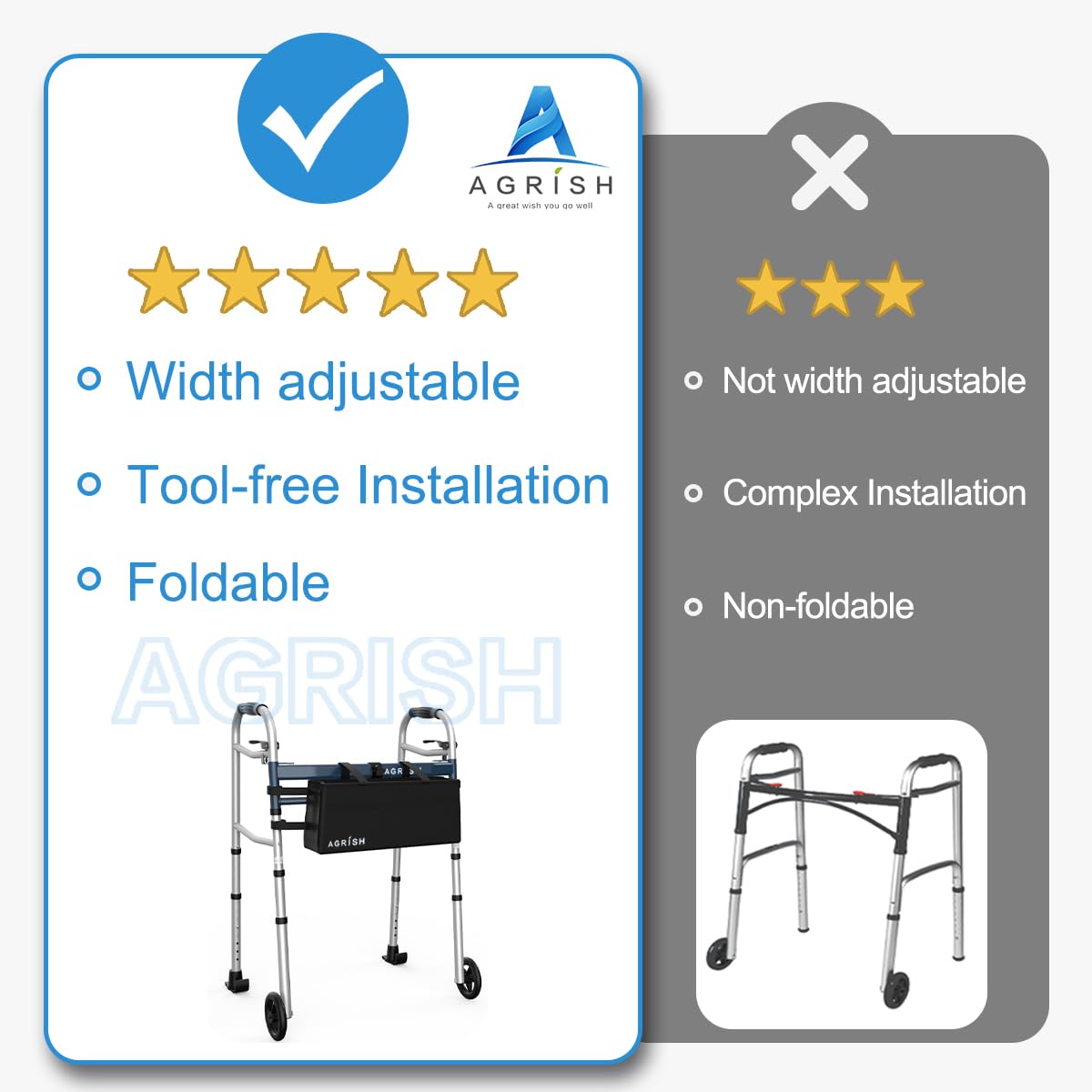 Folding Narrow Walker for Seniors – Width & Height Adjustable Walker, Lightweight Standard Walker for Elderly, Handicapped & Disabled, Fits Narrow Doorways, 350lbs