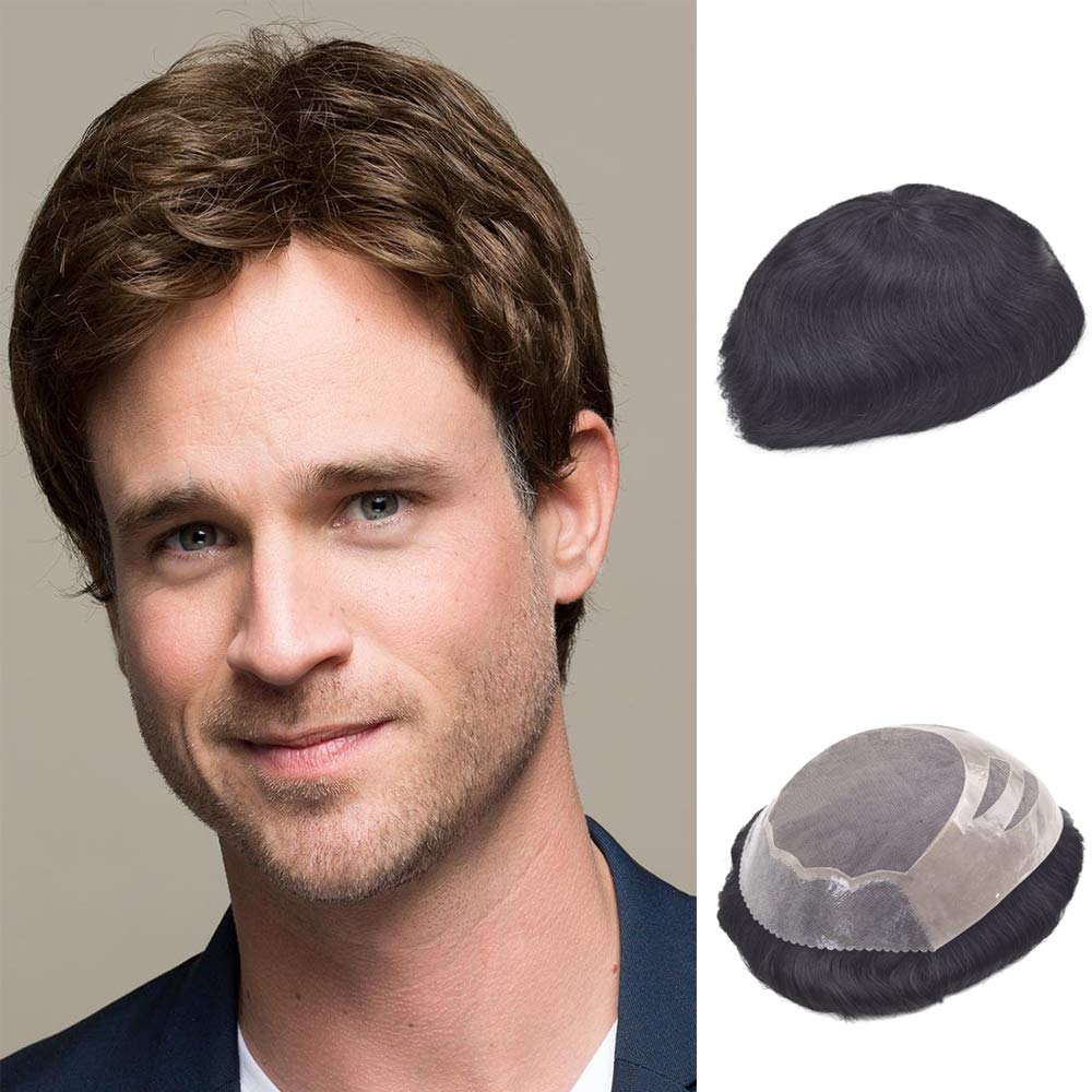 Lordhair Toupee for Men with European Human Hair Replacement System Fine Mono Lace with Skin PU Peri
