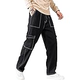 GORGLITTER Men's High Waist Baggy Jeans Wide Leg Denim Cargo Pants Contrast Stitching Skater Jeans Trousers