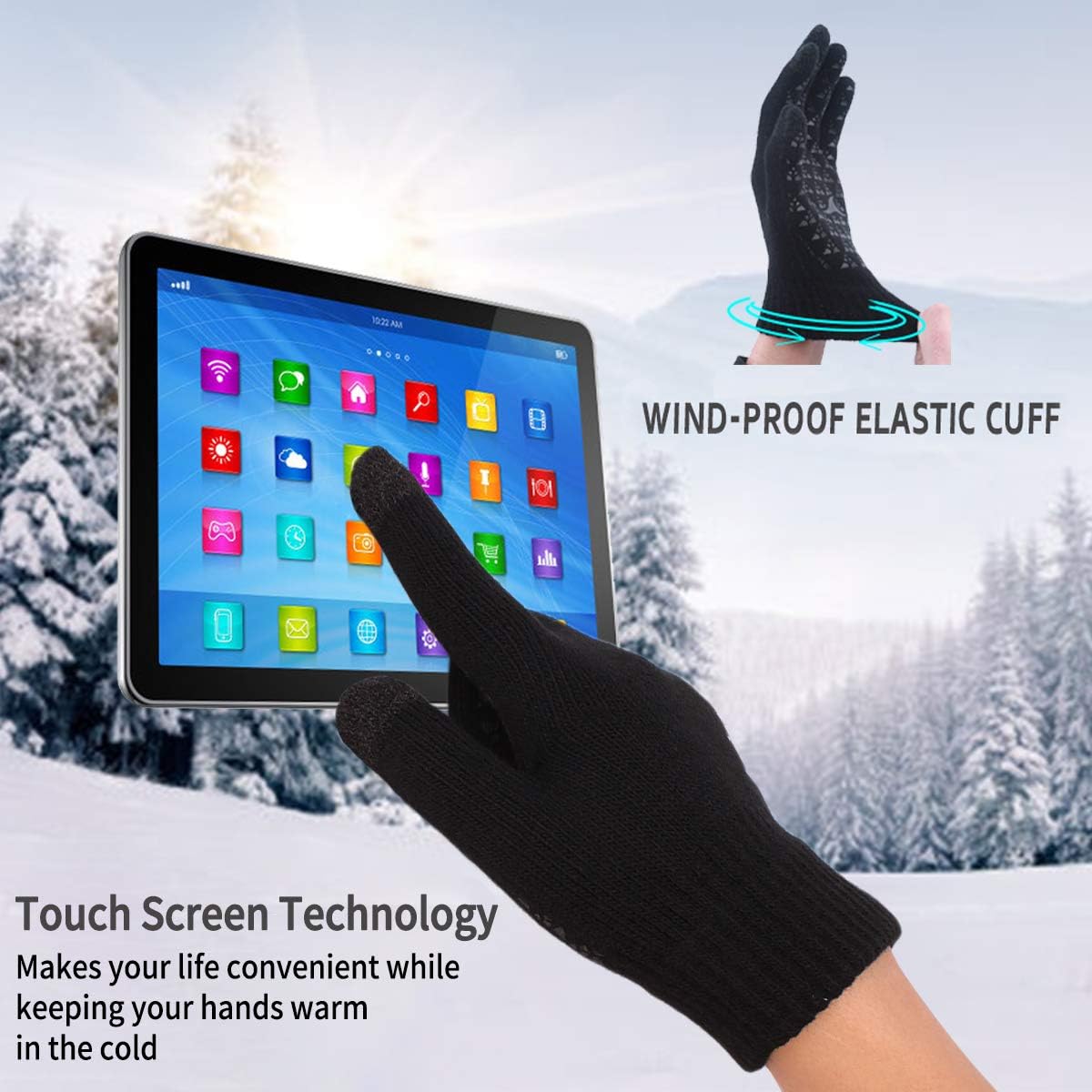 Achiou Winter Knit Gloves Touchscreen Warm Thermal Soft Lining Elastic Cuff Texting Anti-Slip 3 Size Choice for Women Men: Clothing