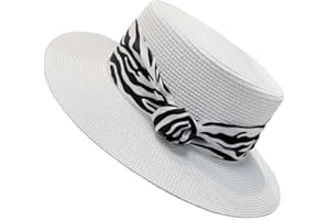 Women's Straw Boater Hat, White, Flat Top Wide Brim Sun Hat with Zebra Print Bow Band