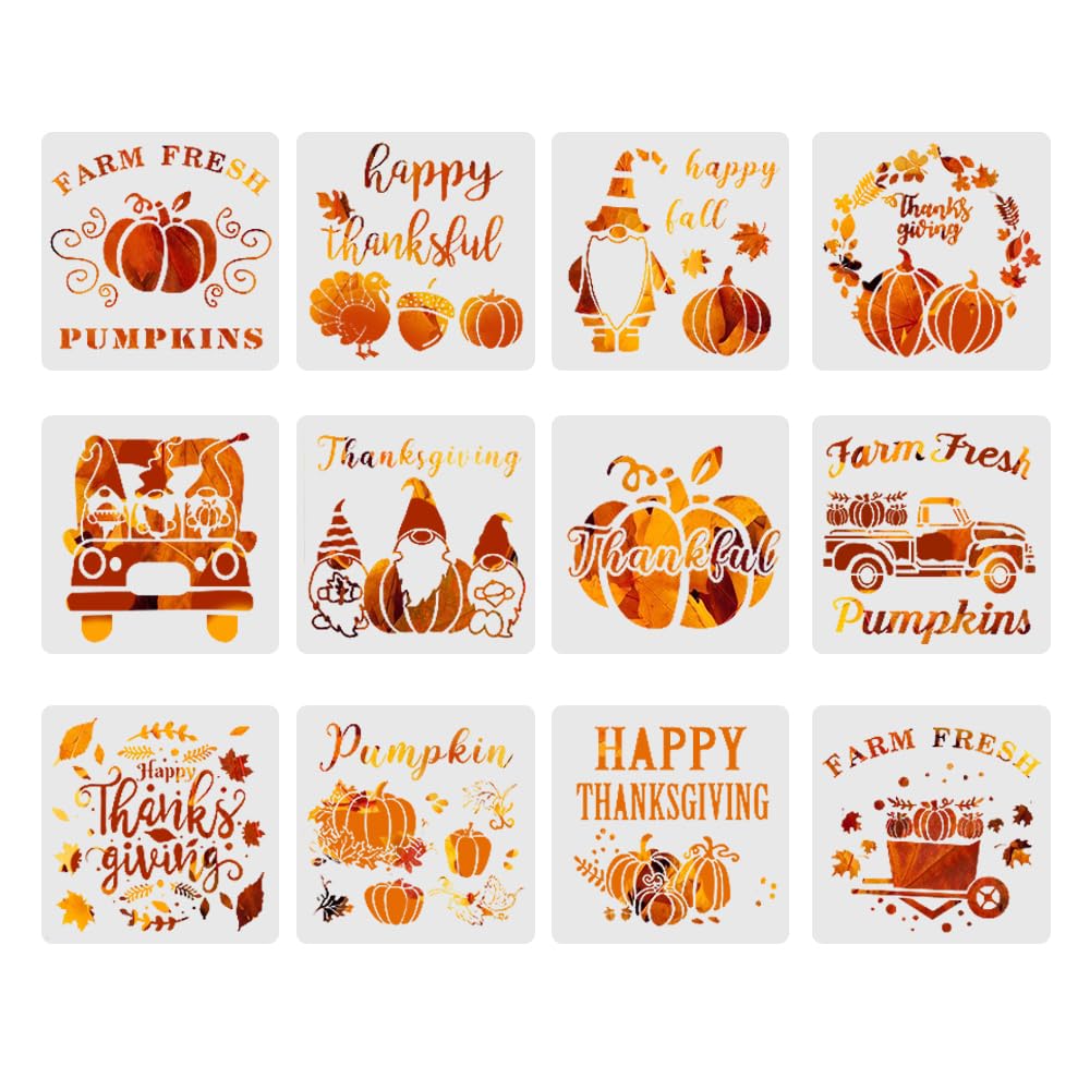 HLIWS Pumpkin Painting Stencils-12 PCS Autumn Fall Drawing Stencils, Reusable Templates, for Thanksgiving, Canvas, DIY Drawing Painting Crafts, Farmhouse Decoration (20x20cm)