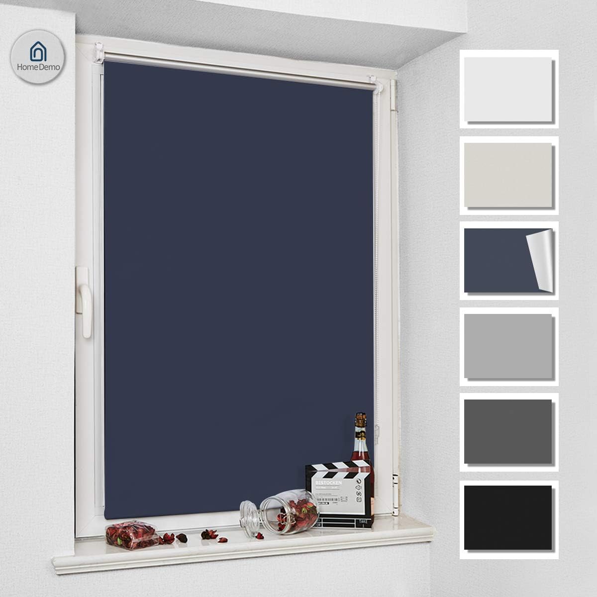 HOMEDEMO Roller Blinds 110cm 3.6ft Width Dark Blue Blackout Trimmable