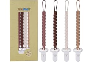 AMAZINGM Silicone Teething Pacifier Clip Holder,Pack of 4 Flexible Paci Leash,Binky Clips for 0-6,6-12 Months Baby Boys and Girls,Newborn Essential,Woven Shape (Brown)
