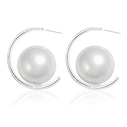 Trinckle Pearl Hoop Earrings for Women, Silver