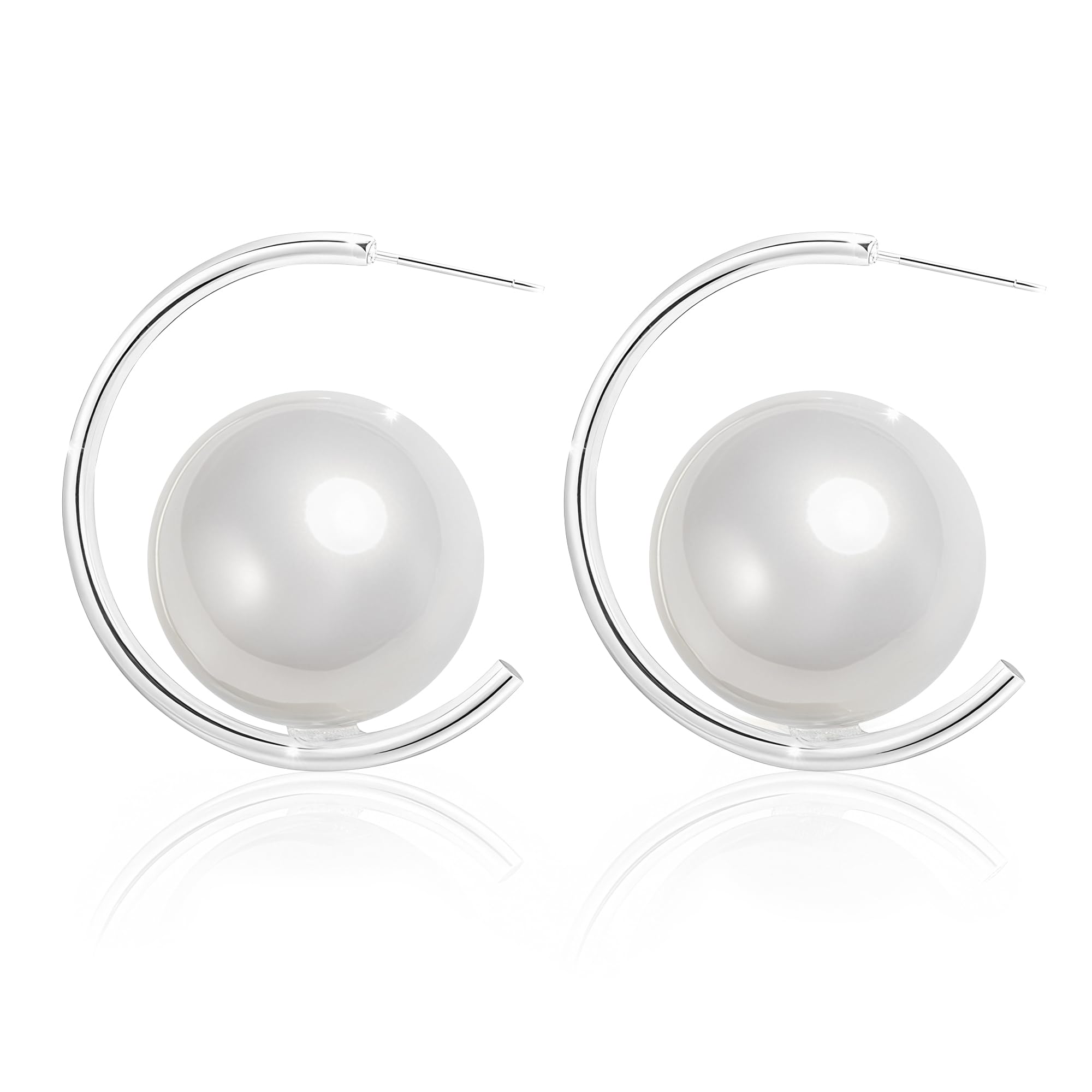 Trinckle Pearl Hoop Earrings for Women, Silver