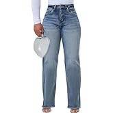 ZonJie Jeans for Women High Waist Wide Leg Distressed Raw Hem Destroyed Straight Leg Stretchy Denim Pants