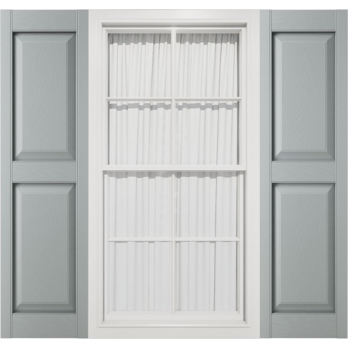 14 3/4"w x 45"h mid-america vinyl, tailormade two equal panels, raised panel shutters, w/installatio