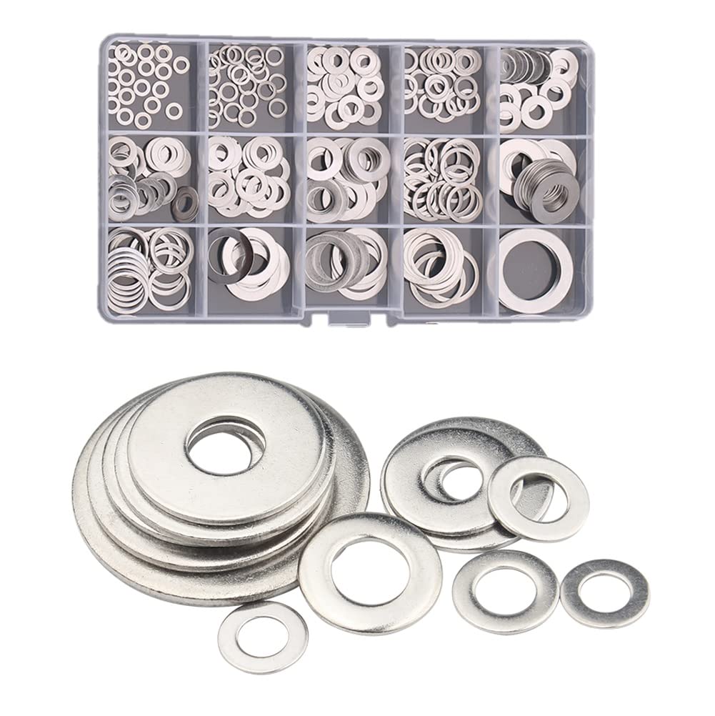 CONPHERON Flat Washers, 260PCS Stainless Steel M3-M20 Flat Washers Set (Thickness 0.5mm) for Home Decoration Repair Construction