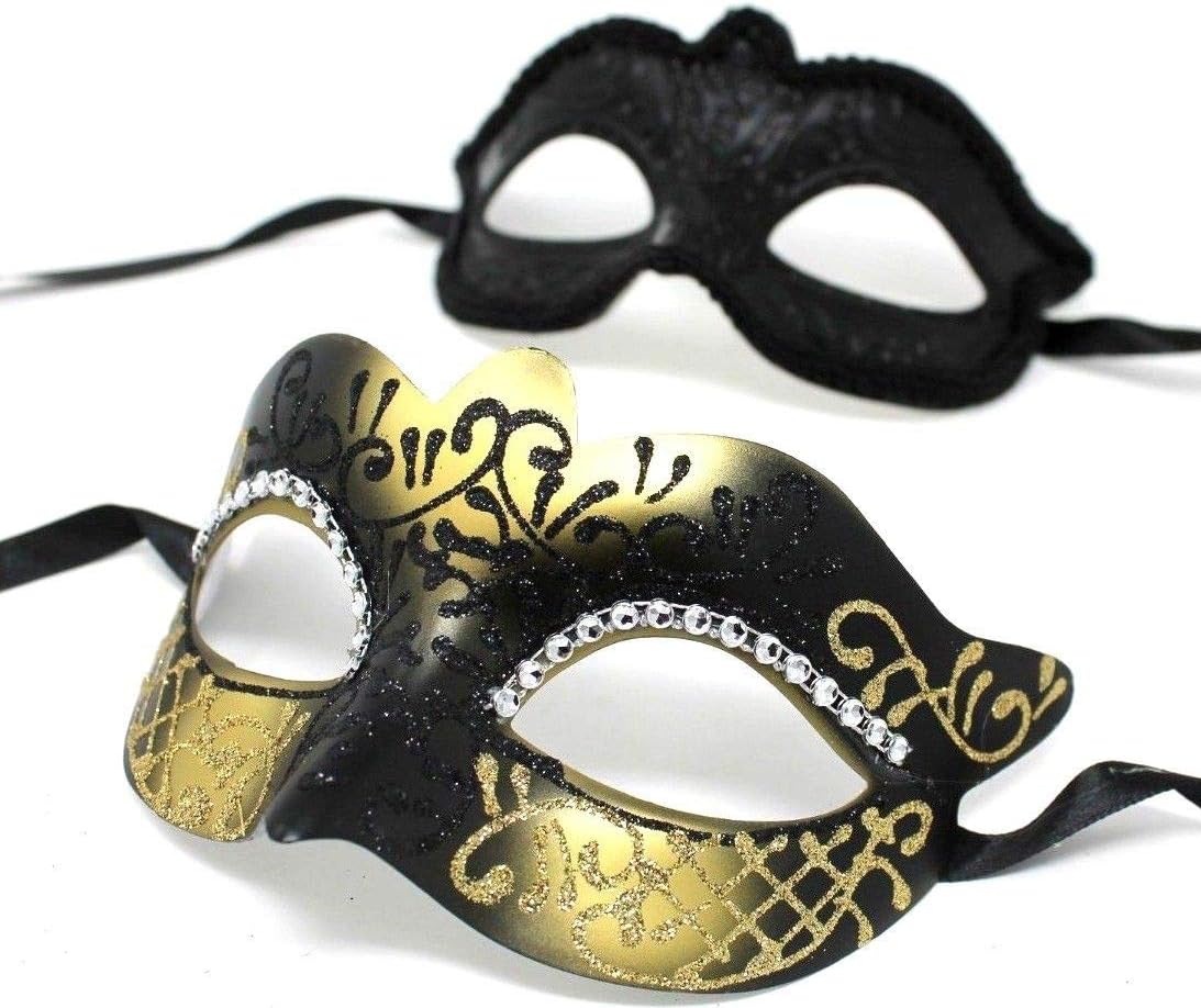 HIS N HERS PAIR OF CO-ORDINATED GOLD & BLACK COUPLES VENETIAN MASQUERADE CARNIVAL PARTY BALL EYE MASKS, Gold Black, 8cm deep - Image 4