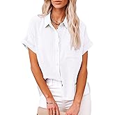 Womens Casual Cotton Linen Button Down Short Sleeve Shirts Solid Summer Beach Blouses Tops with Pocket