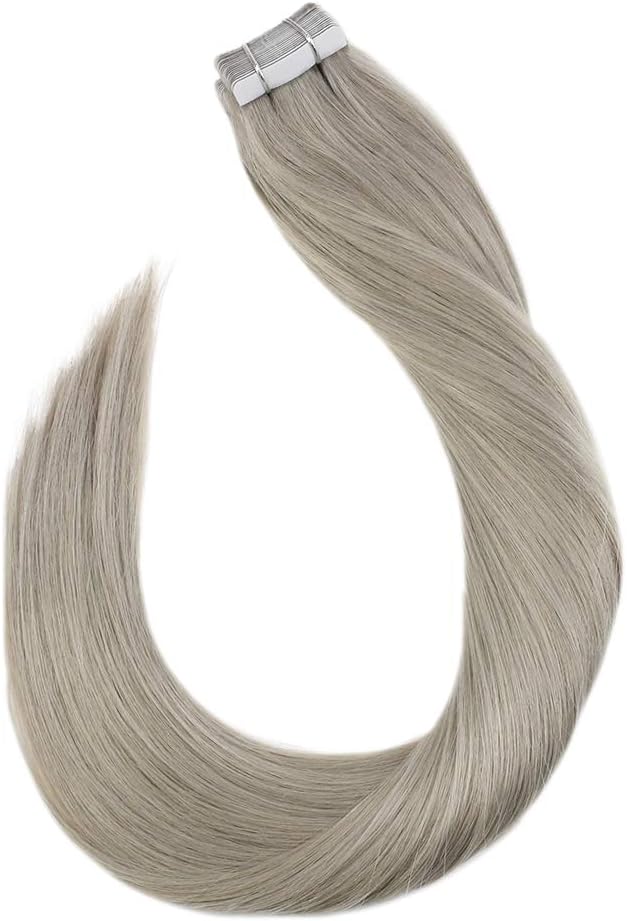 Ugeat Remy Hair Extensions Tape on 22 Inch Light Grey Silver Seamless