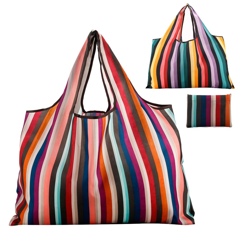 JISEN Reusable Grocery Bags 2 Packs Large Nylon Washable Foldable Eco Friendly Heavy Duty Shopping Tote Bag Fits in Pocket New Rainbow
