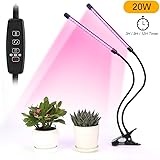 Led Plant Grow Light 20W Dual Head Timing Grow Lamp,40 LED Chips with Red/Blue Spectrum for Indoor Plants, Adjustable Gooseneck, 3/9/12H Timer, 5 Dimmable Levels for Garden Greenhouse Tent Herbs potte