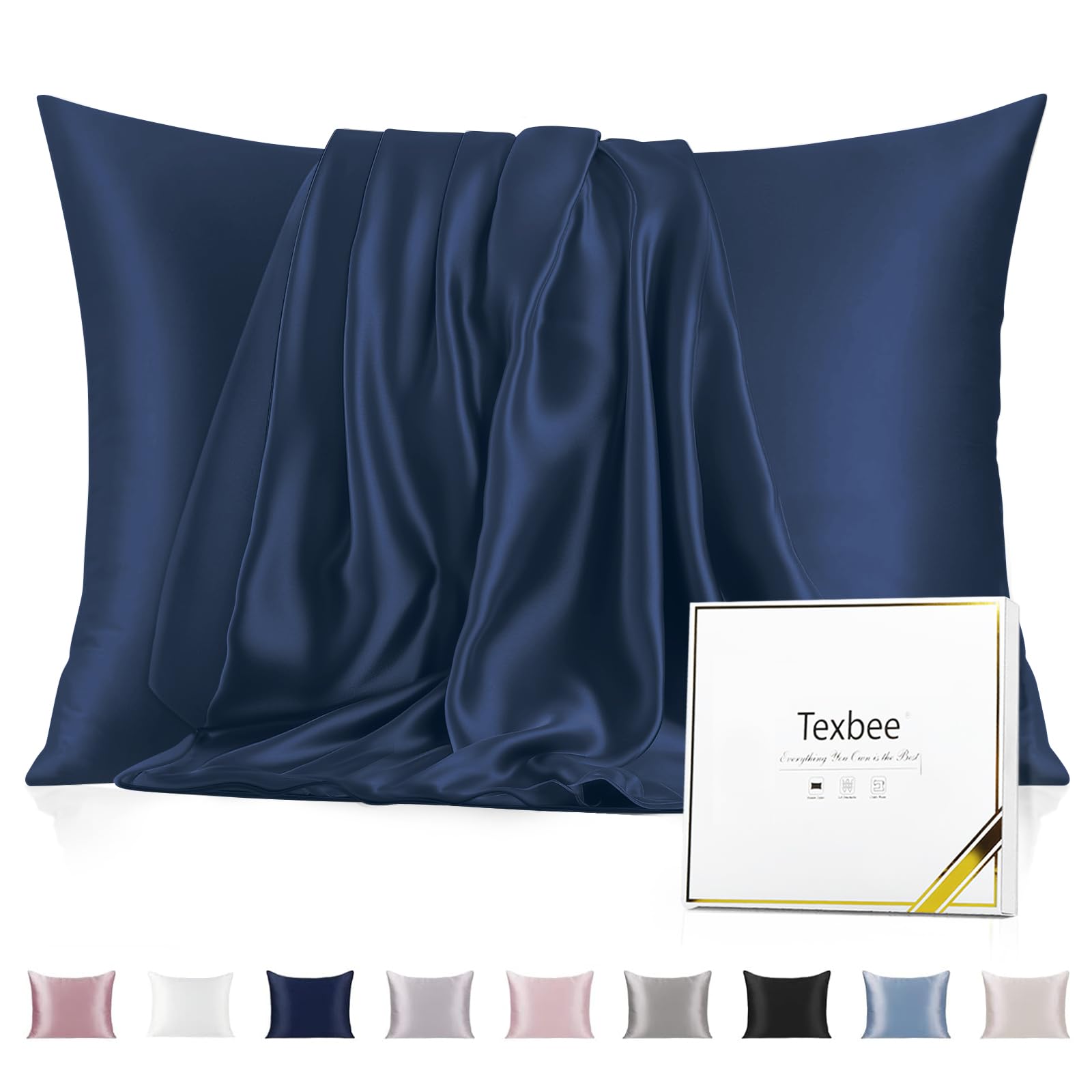 Texbee Silk Pillowcase, 22 Momme Mulberry Silk Pillowcases for Hair and Skin Health, Soft Smooth Breathable Cool Silk Pillow Case for Beauty Sleep, with Gift Box, 1pc (Queen 50x75 cm, Navy Blue)