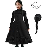 Btonai Witch Costume for Girls Halloween Costume Dress Black 3-12Y | Girls Black Princess Witch Costume Kids Halloween Outfits Elegant Stand Collar with Wig and Glasses, Birthday Party Dress Up