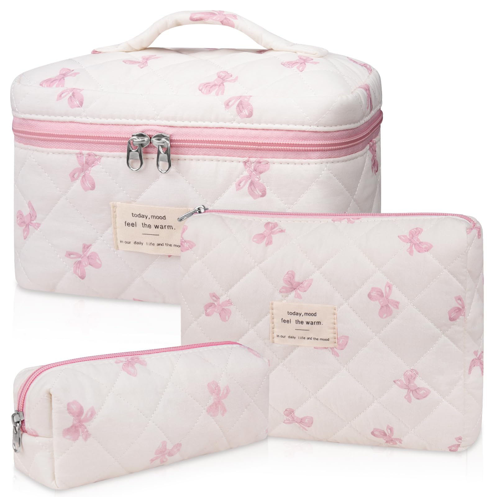 Photo 1 of ****PARTIAL SET**** ***ONLY ONE BAG***** Makeup Bag Set, Quilted Makeup Bag Set, Large Floral Cosmetic Bag for Women, Cute Cotton Makeup Bags, Flower Travel Toiletry Organizer Bag (White Pink Bow Tie)