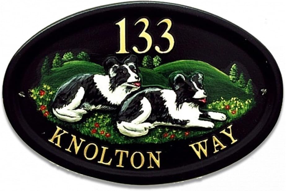 Beautiful Hand-painted House / Door Sign / Plaque Personalised [Border Collies Laying] [Fully Personalised Front Door Signage] [Special Gift, Housewarming, New Home]