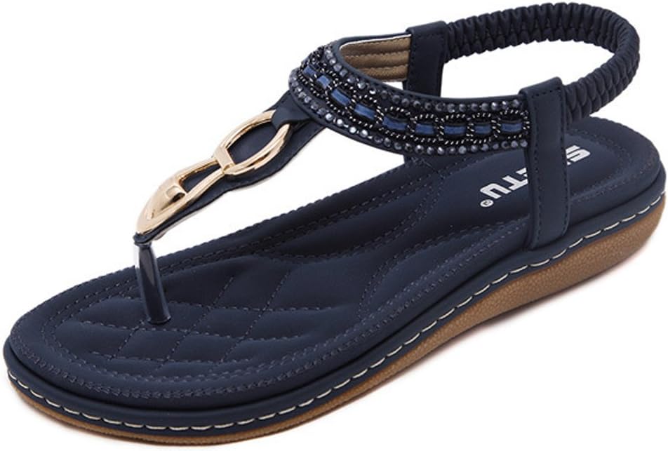 Tomsent Women Seaside Sandwich Sandals Rhinestone Clip Toe Beach Shoes Elastic T-Strap Bohemia Flat Slippers Thongs Flip Flop Sandals