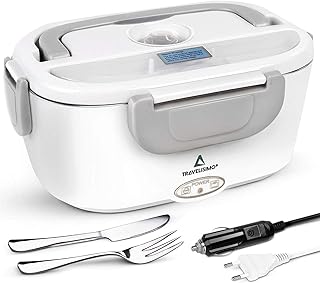 TRAVELISIMO Elektrische Lunchbox 2 in 1 für Auto/LKW und Büro 220V & 12V 40W, Speisenwärmer Warmhaltebox Edelstahl für Essen 1.5L, Löffel und 2 Fächer Enthalten (Grau)