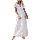 Diukia Womens Sexy Deep V Neck Lace Maxi Dress Elegant Short Sleeve Wedding Bridesmaid Evening Party Dresses
