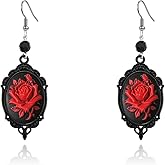 Gothic Rose Cameo Earrings for Women,Vintage Red Crystal Punk Roseflower Dangle Witch Earrings Goth Jewelry Witch Costume Accessories