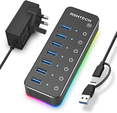 RSHTECH RGB Powered USB Hub 7-Port USB 3.0 USB-C Splitter 14 RGB Modes