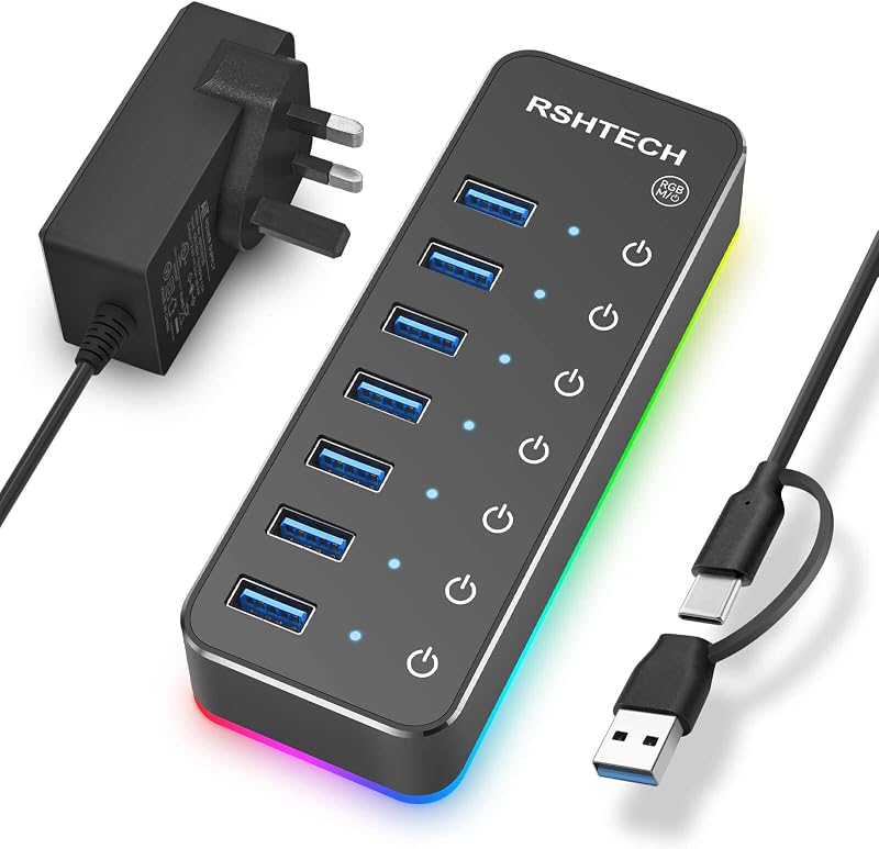 RSHTECH RGB Powered USB Hub 7-Port USB 3.0 USB-C Splitter 14 RGB Modes