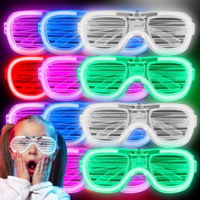 12 Pcs Neon Glasses - LED Shutter Shadeds Flashing Glow Sunglasses for 80s 90s Funny Shutter Glasses, Rave, Concert, Xmas, Halloween, New Years Eve Neon Party