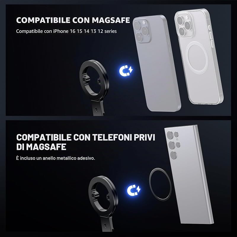 Supporto Treppiede Telefono Magnetico, Maniglia Cellulare in Metallo con Filettatura 1/4", Cold Shoe e Tipo Arca, Compatibile con MagSafe iPhone Samsung Huawei Android per Video, PA098
