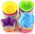 LetGoShop Silicone Cupcake Liners Reusable Baking Cups Nonstick Easy Clean Pastry Muffin Molds 4 Shapes Round, Stars, Heart, Flowers, 24 Pieces Colorful