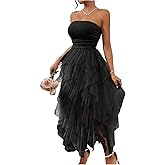 SOLY HUX Women's Mesh Tube Dress Strapless Sleeveless A Line Asymmetrical Long Dresses