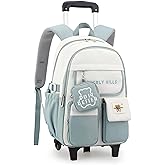 ZHANAO Color-blocking Rolling Backpack for Girls,Kawaii School Bag with Wheels,Trolley Bookbags for Primary Students